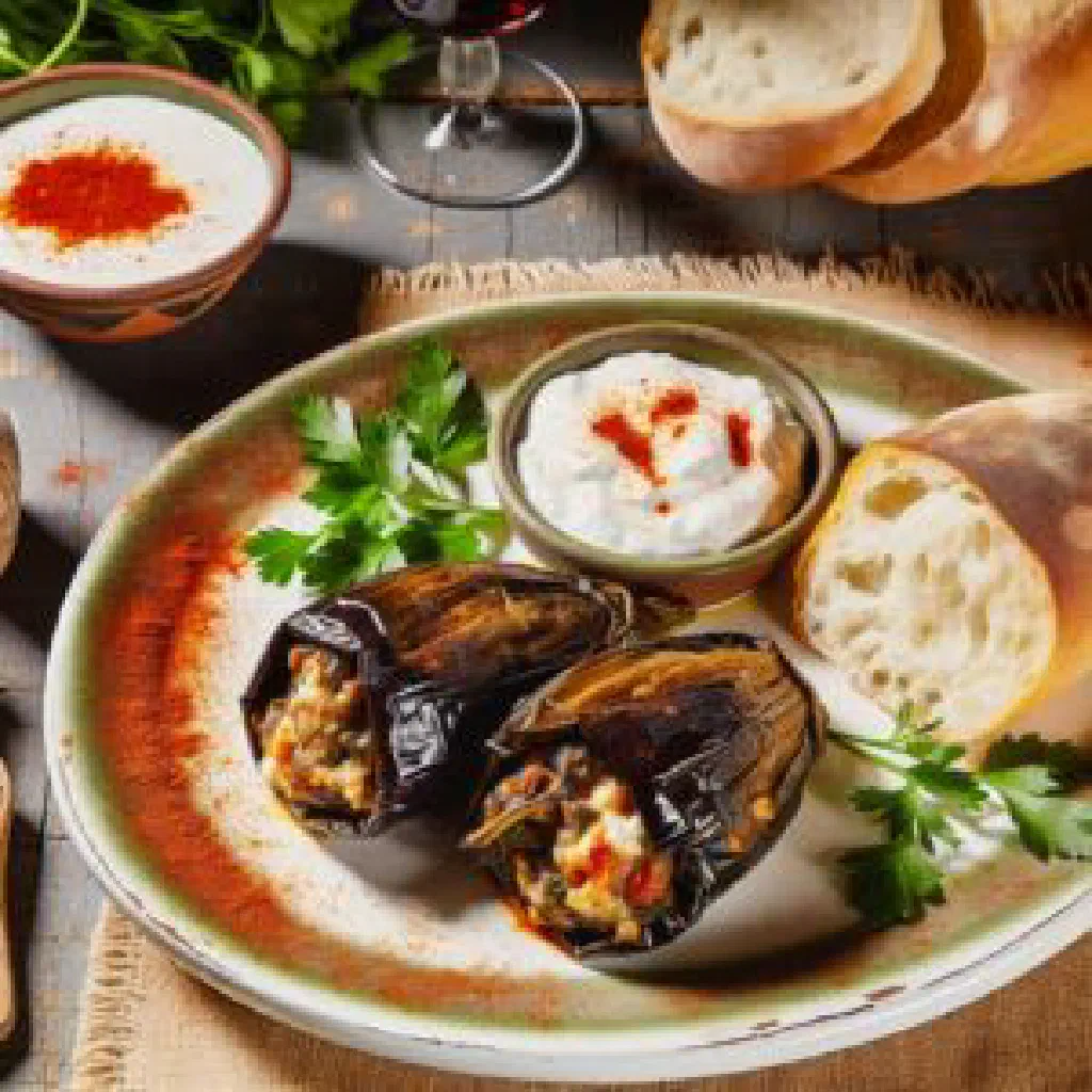 Baked aubergine halves filled with a spiced tomato and onion mixture, garnished with parsley