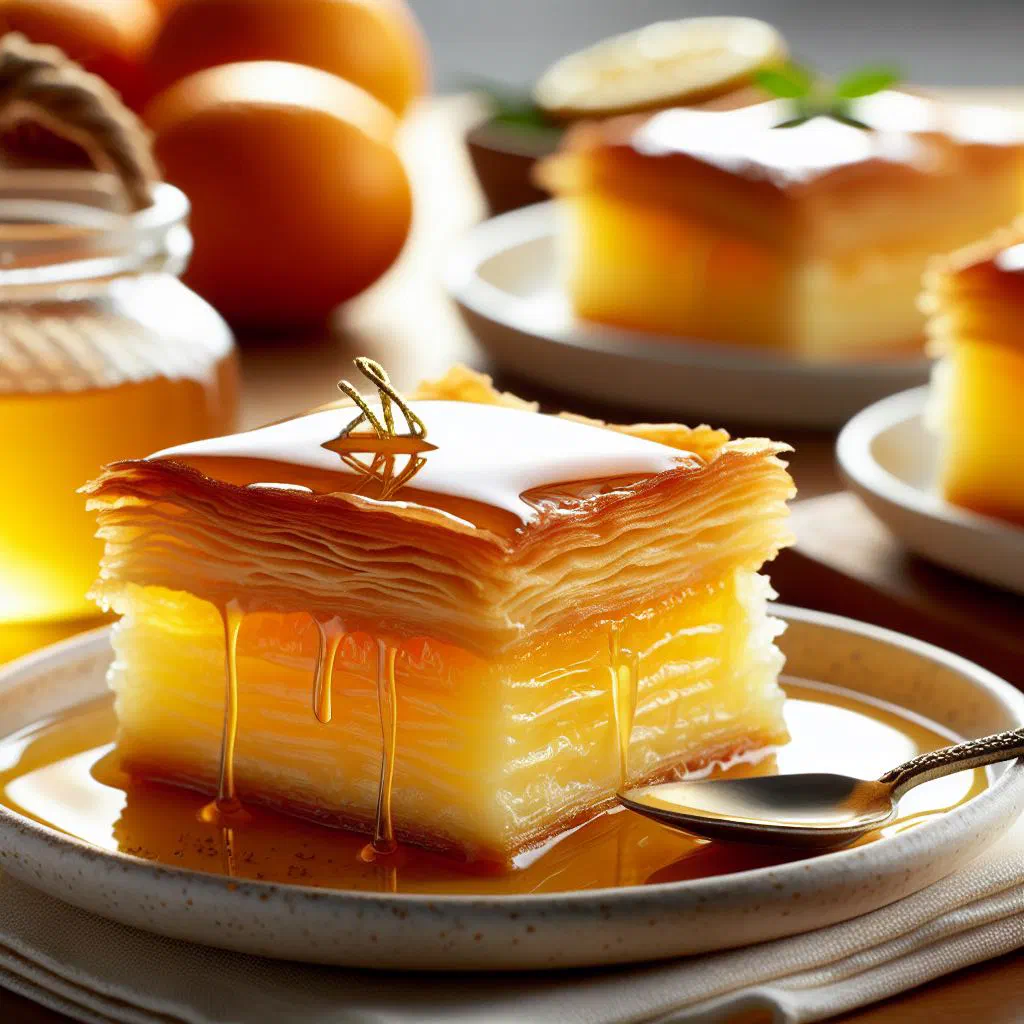 Golden syrup-soaked galaktoboureko with crisp filo layers and creamy semolina custard