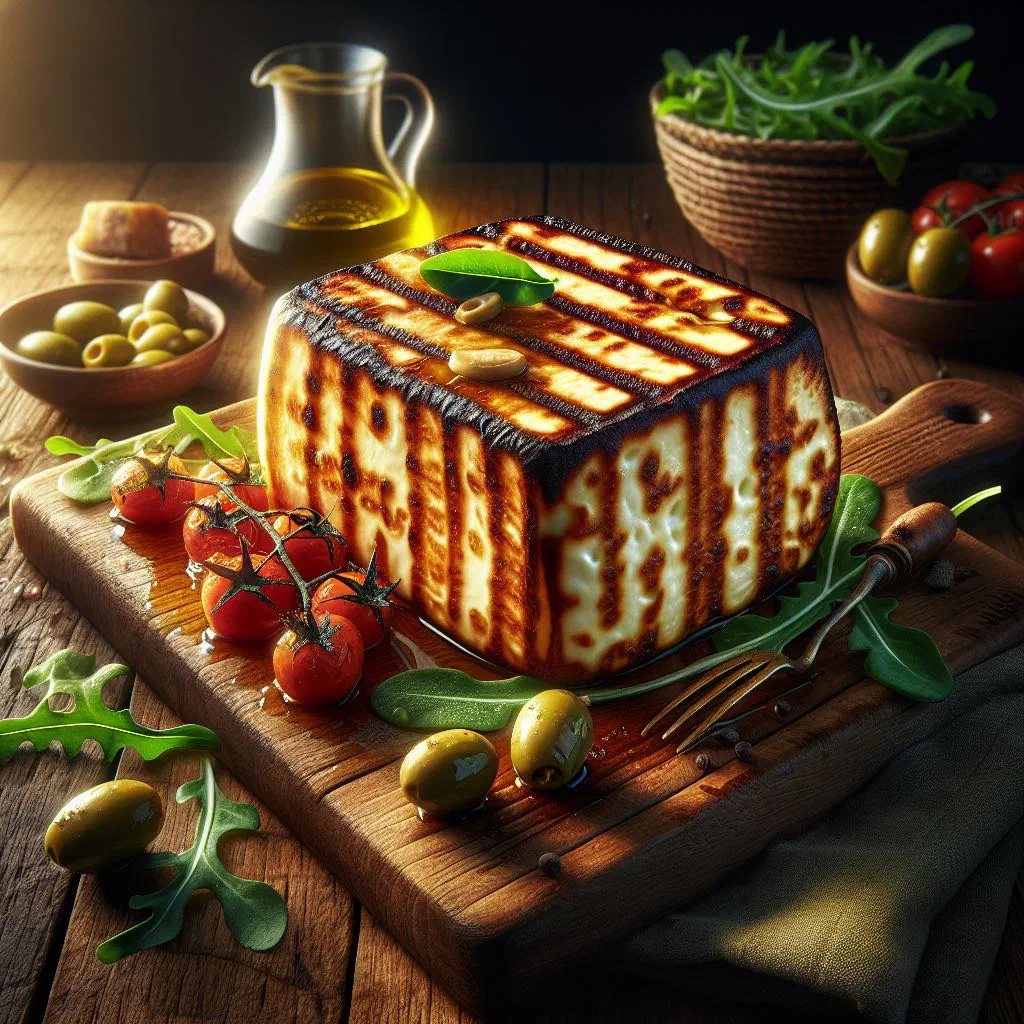 Golden pan-fried halloumi slices with oregano, mint and a wedge of lemon