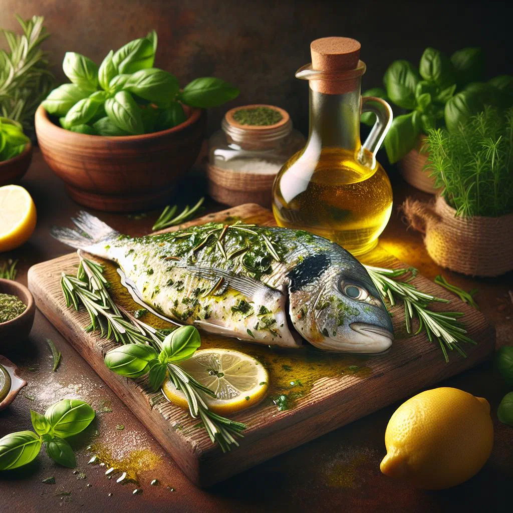 Herb-marinated fish fillet with lemon and fresh herbs on a plate