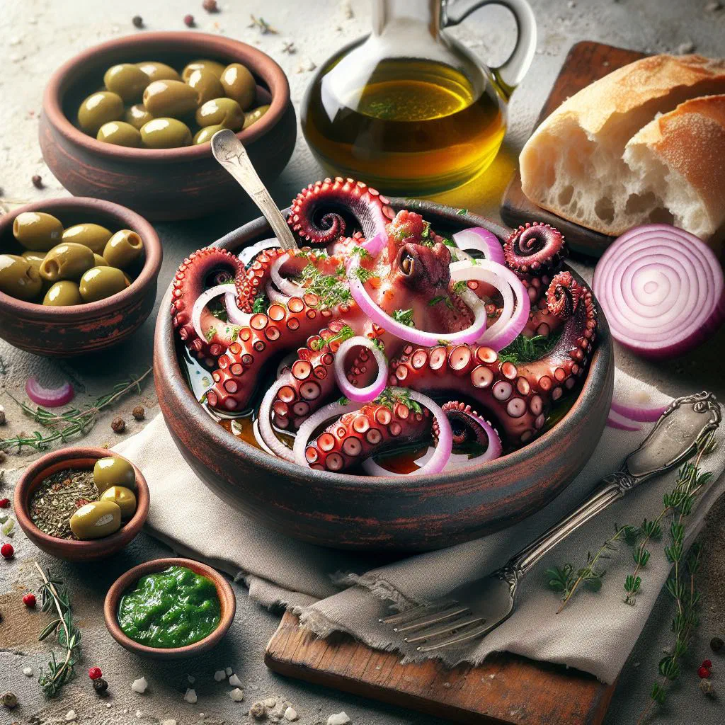 Marinated grilled octopus garnished with parsley and lemon