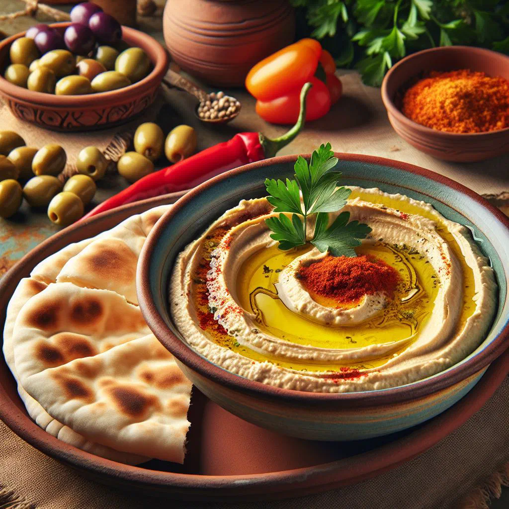Creamy hummus in a bowl drizzled with olive oil and dusted with paprika