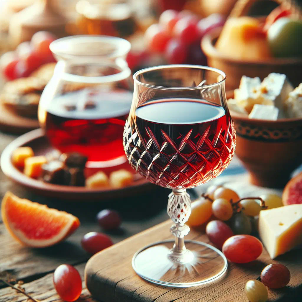 Grapes poached in spiced red wine syrup served in a dessert glass