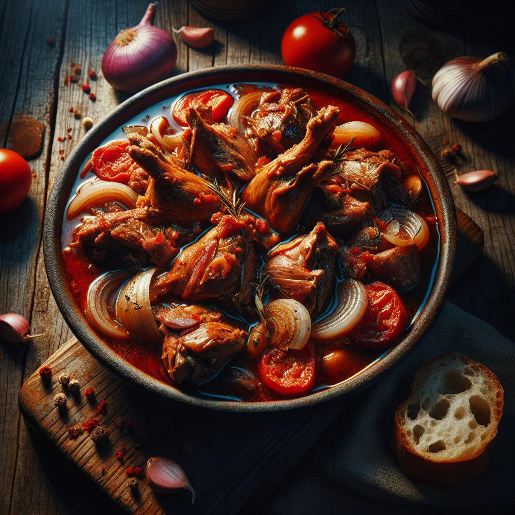 Rich rabbit stew with onions and red wine sauce garnished with fresh parsley