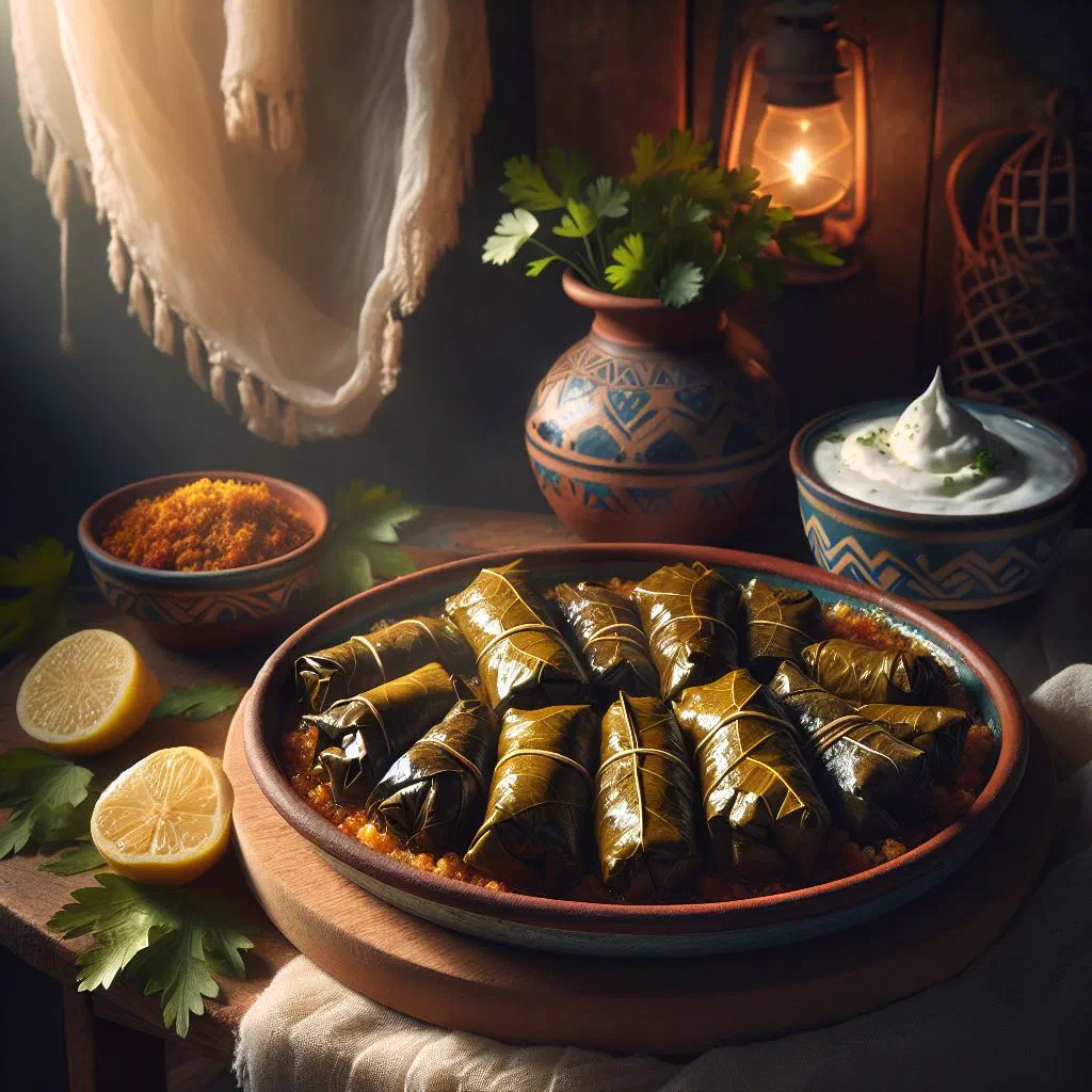 Cypriot koupepia stuffed vine leaves arranged on a plate with lemon wedges