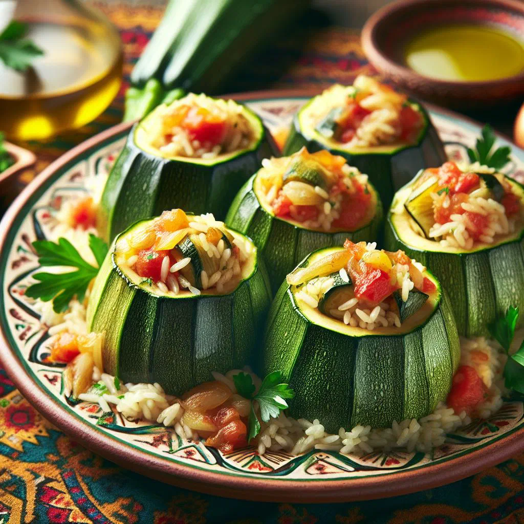 Stuffed courgettes filled with rice and minced meat in tomato sauce