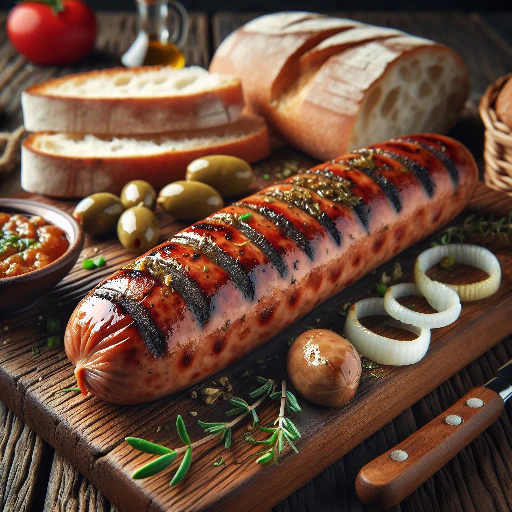 Grilled loukaniko sausages served with lemon wedges and fresh herbs