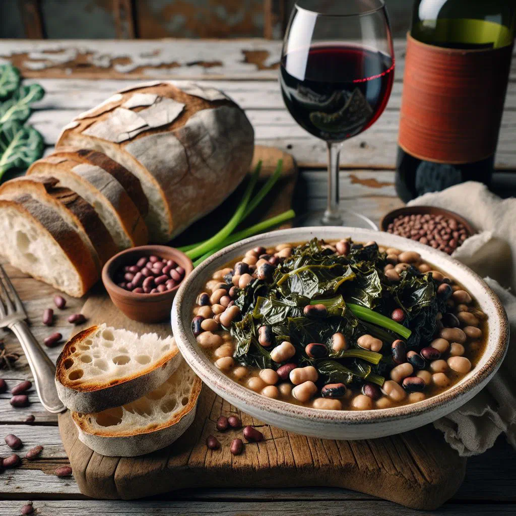A bowl of Louvi Me Lahana with black beans, vegetables and fresh parsley
