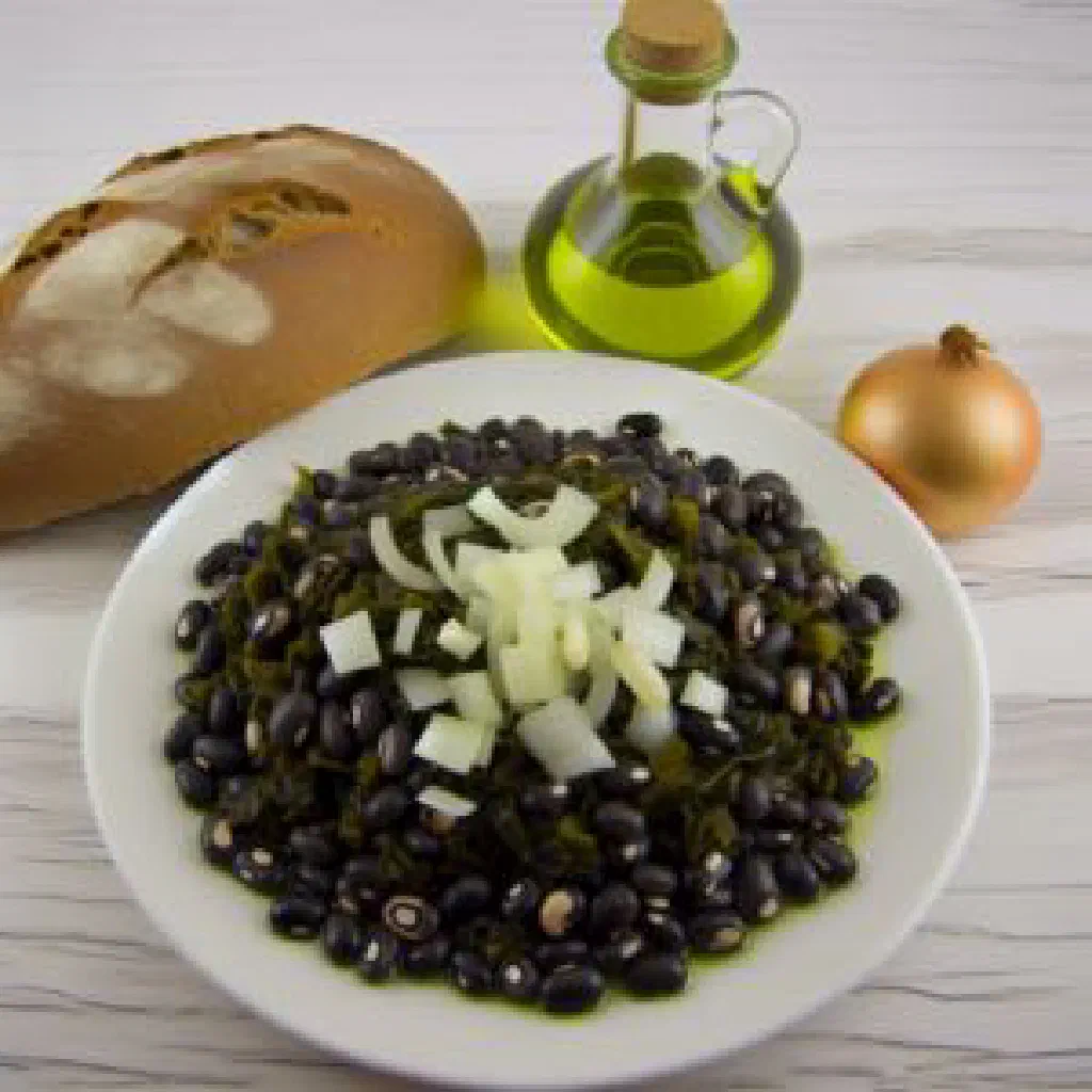 Bowl of Cypriot louvi black-eyed beans with onion, garlic and fresh herbs