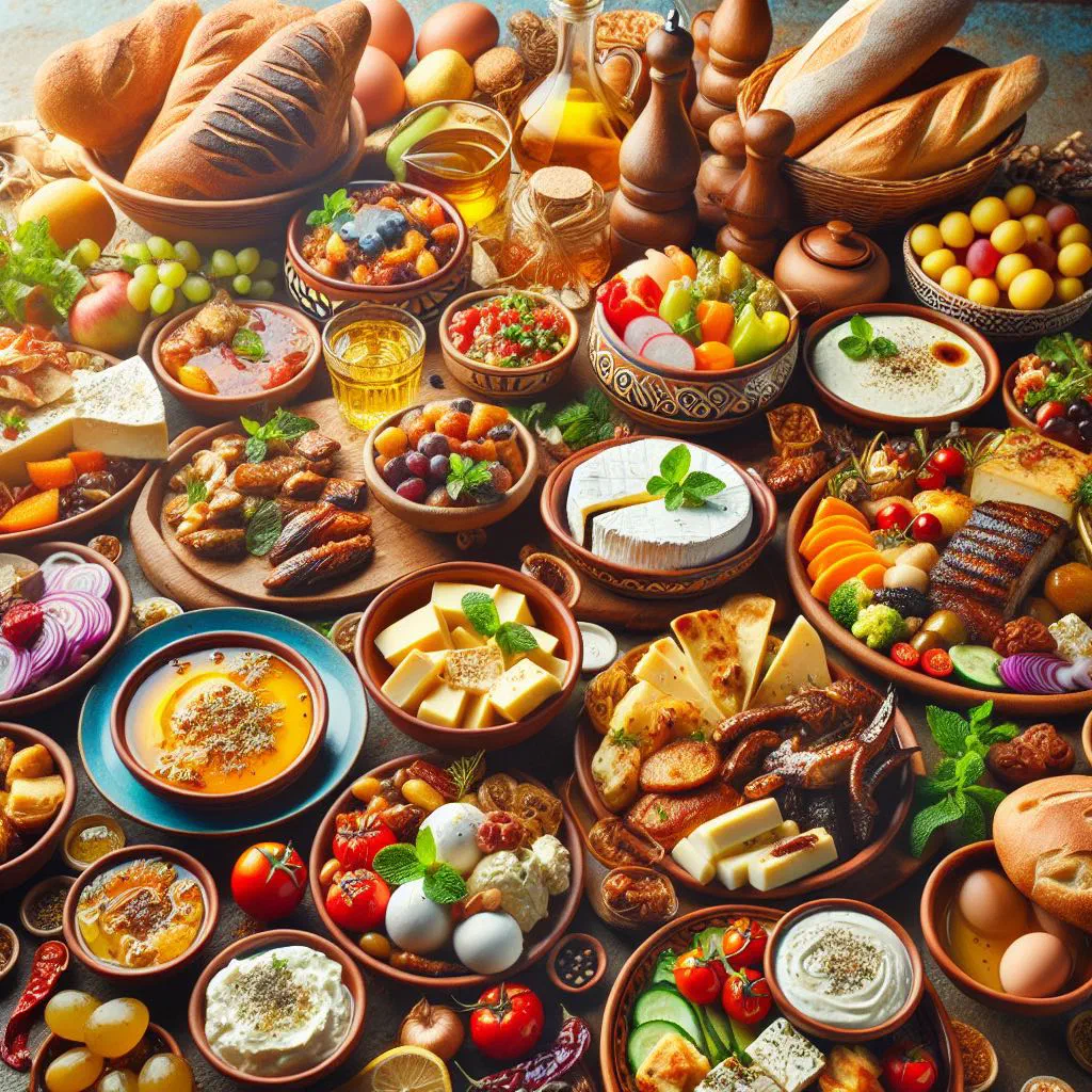 A spread of Cypriot meze with grilled halloumi, meats and vegetables