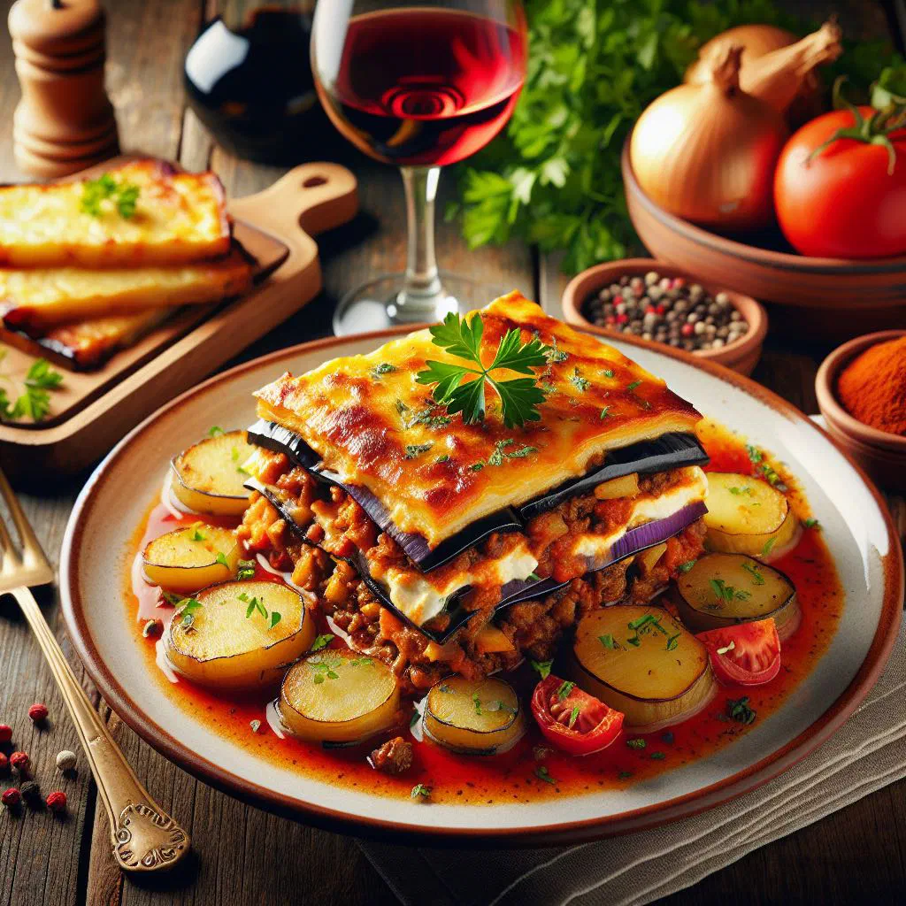 Layered moussaka with aubergine, minced meat and golden bechamel topping