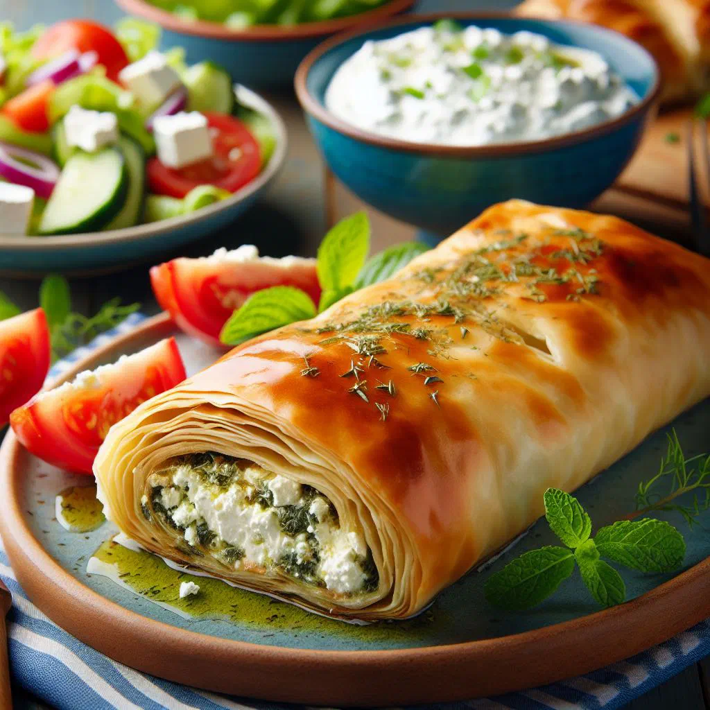 Golden baked Cypriot mpourekia pastries filled with feta and herbs