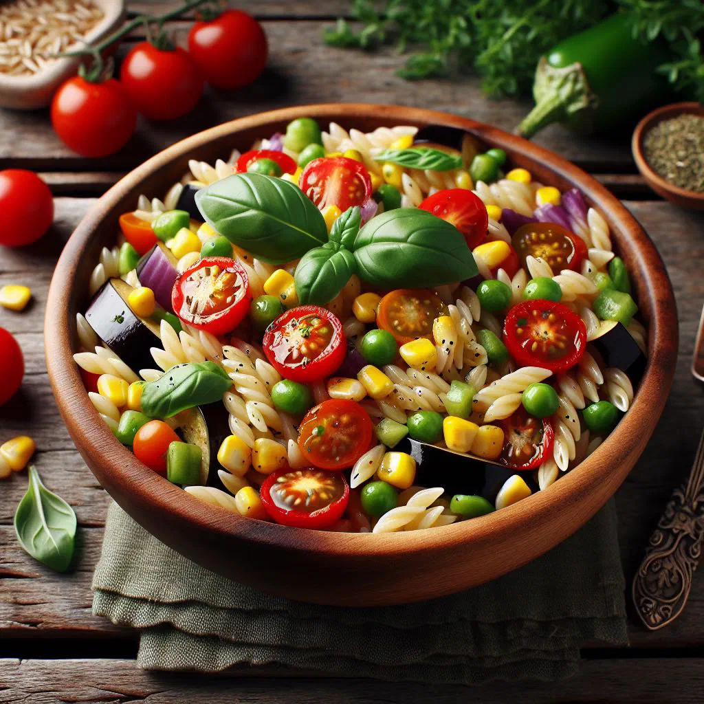 Bowl of orzo pasta tossed with colourful diced vegetables and fresh parsley