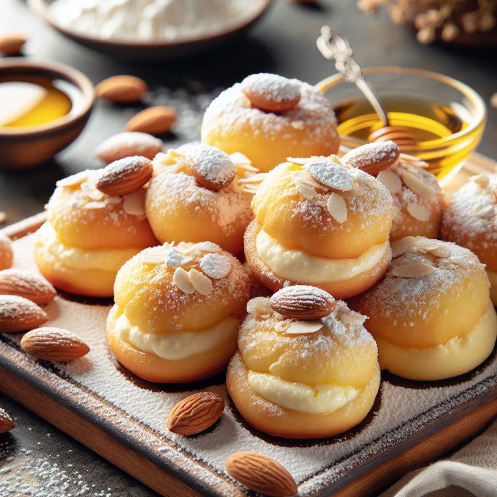 Golden fried Cypriot pastries filled with sweet anari cheese, dusted with cinnamon