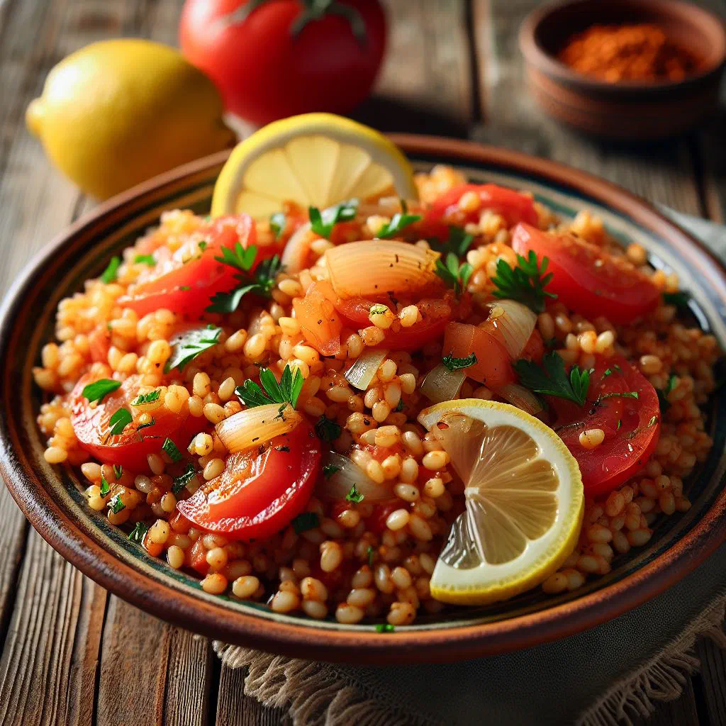 A bowl of Cypriot pourgouri bulgur pilaf garnished with fresh parsley