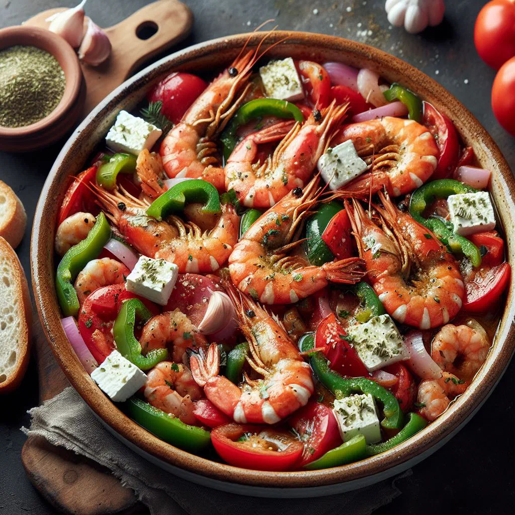 Prawns baked in a tomato and feta sauce, garnished with fresh herbs
