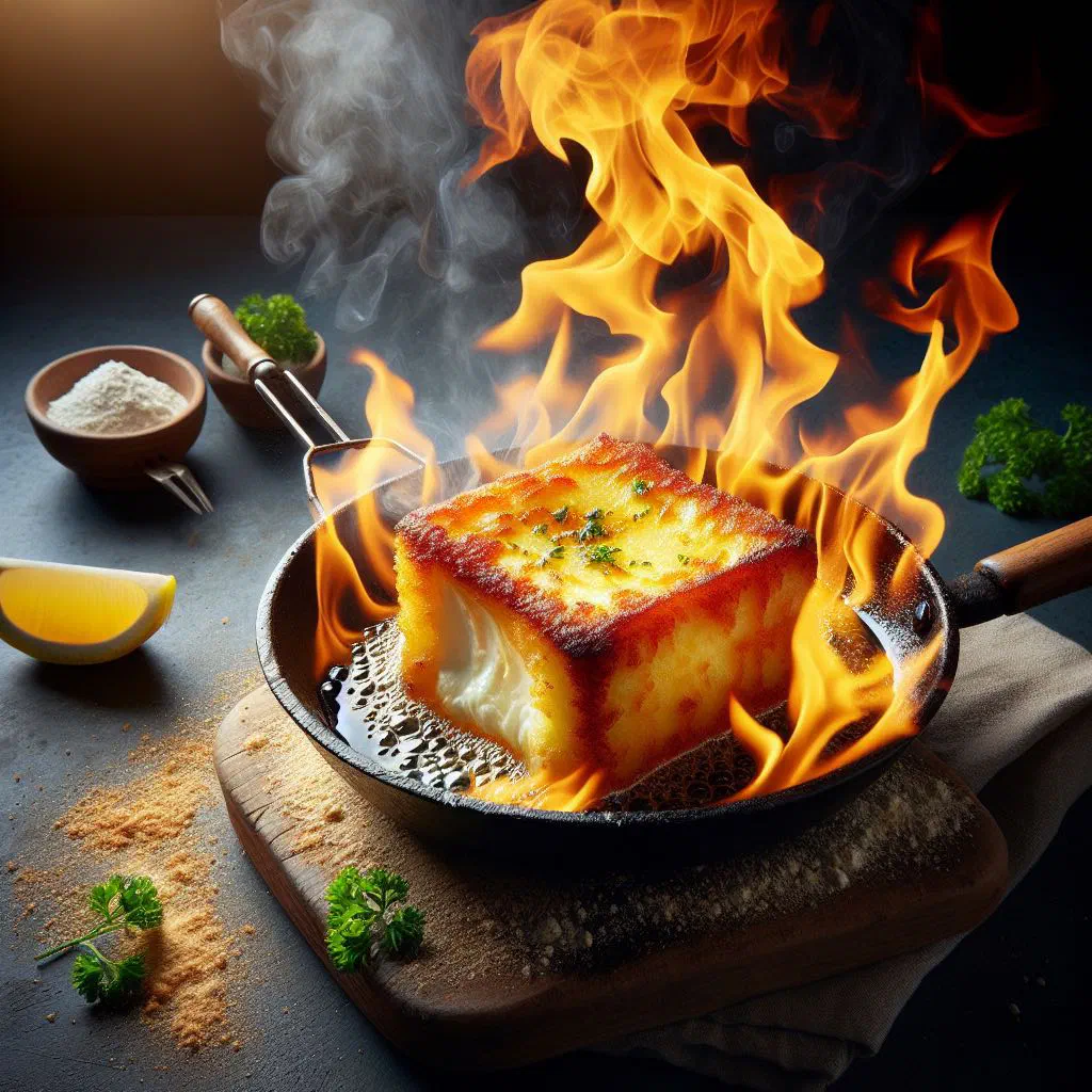 Golden pan-fried Saganaki cheese with lemon and parsley