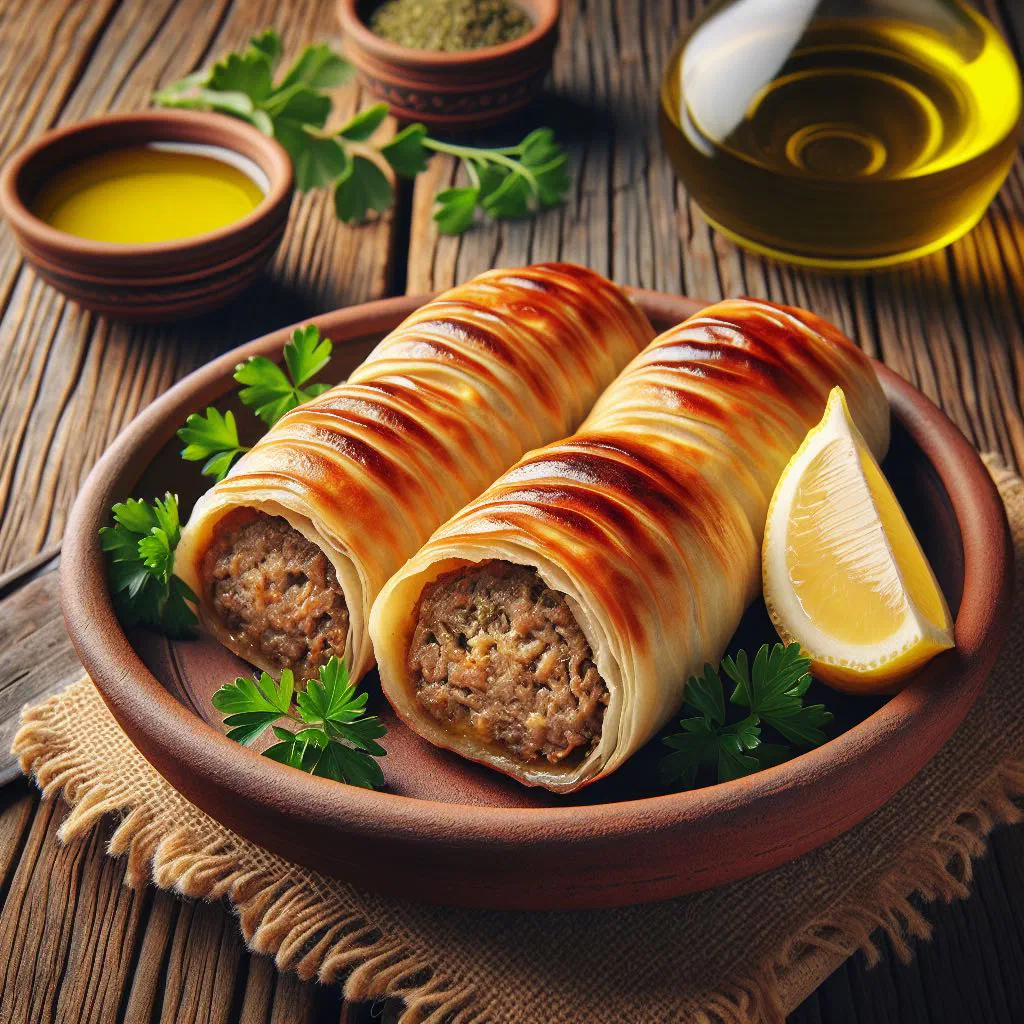 Grilled sheftalia sausages wrapped in caul fat with fresh herbs