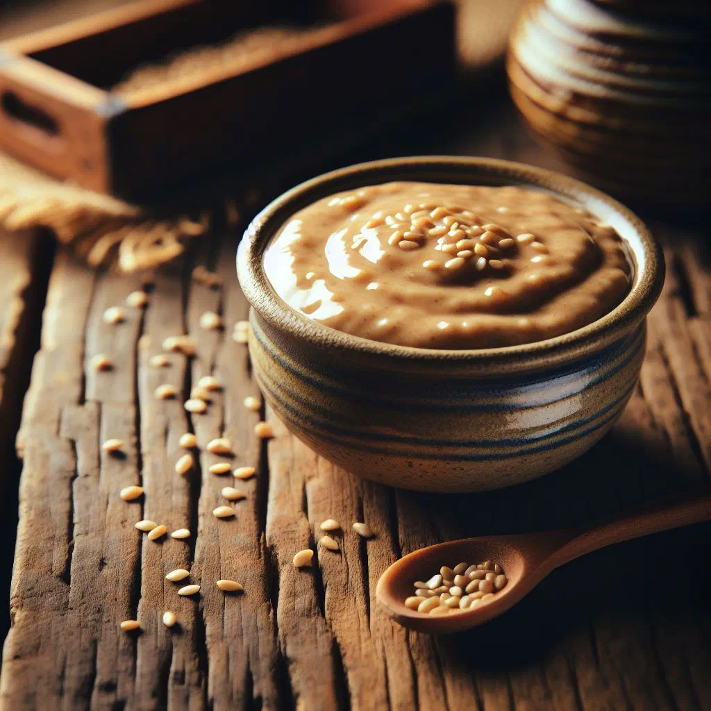 A bowl of creamy tahini sauce drizzled with olive oil and fresh herbs