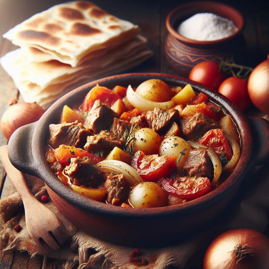 Cypriot tava stew with tender meat, potatoes and vegetables in an earthenware dish