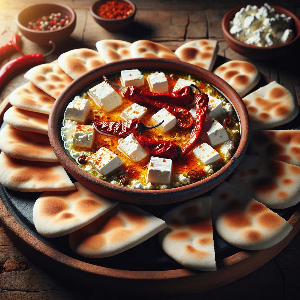 Creamy tirokafteri cheese dip topped with olive oil and fresh herbs