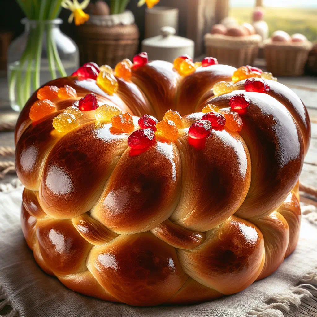 Golden braided Cypriot tsoureki sweet bread, sliced and ready to serve