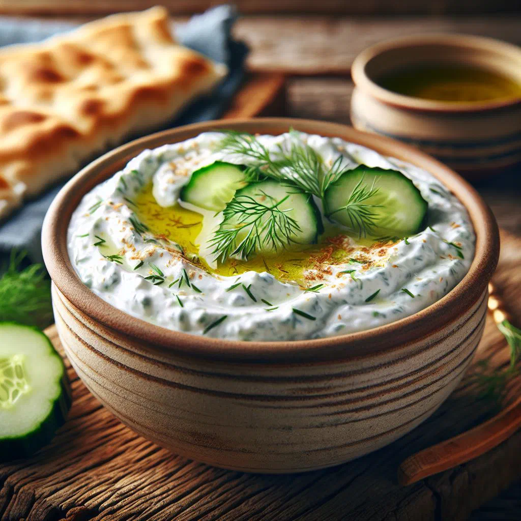 A bowl of creamy tzatziki dip garnished with fresh herbs and olive oil