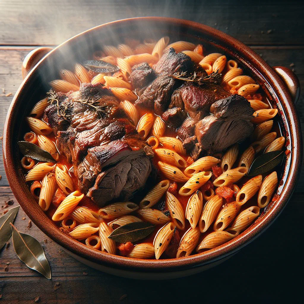 Yiouvetsi with tender meat and orzo pasta in a rich tomato sauce