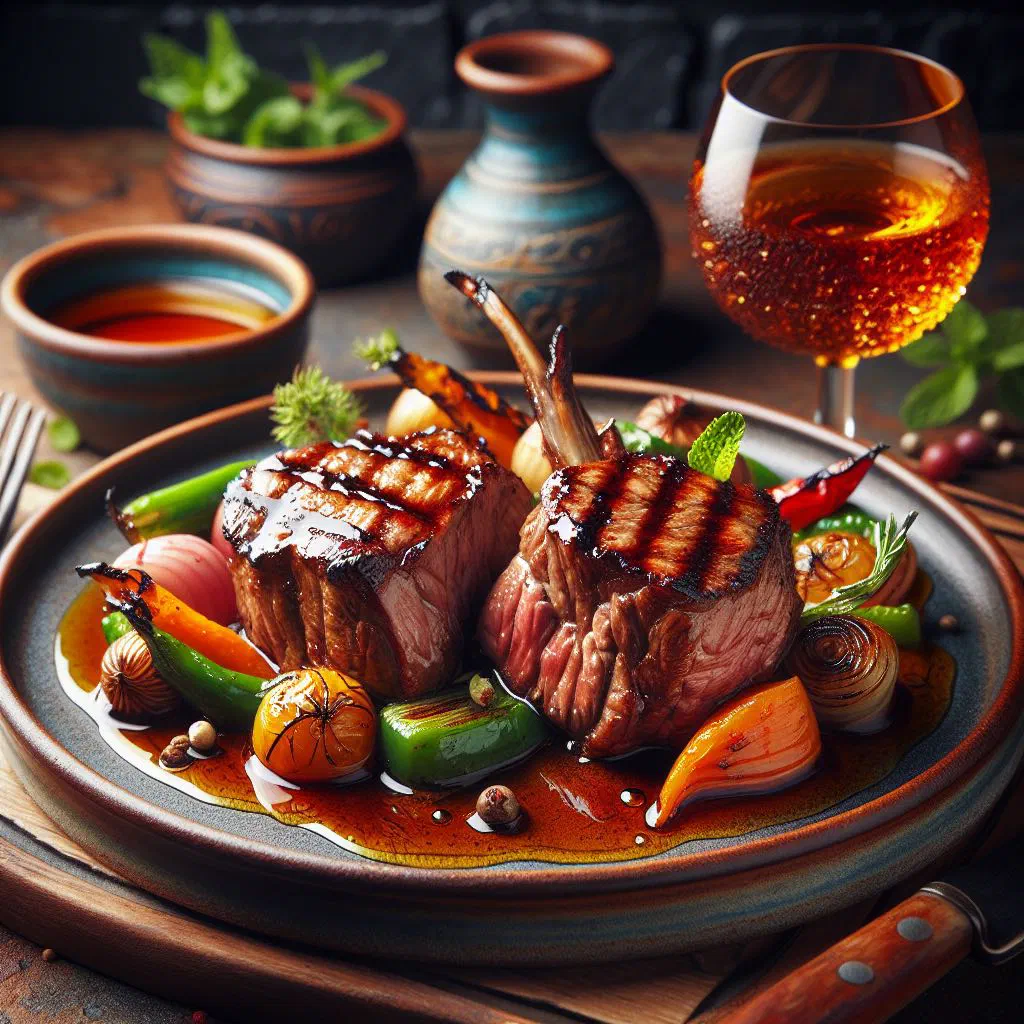 Roasted lamb infused with zivania, garnished with fresh herbs