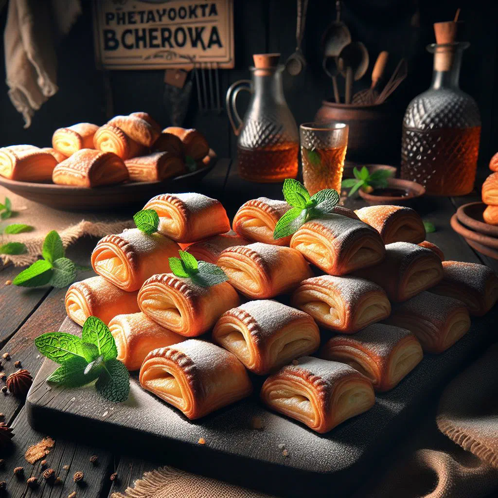 Golden Becherovka biscuits dusted with icing sugar on a plate