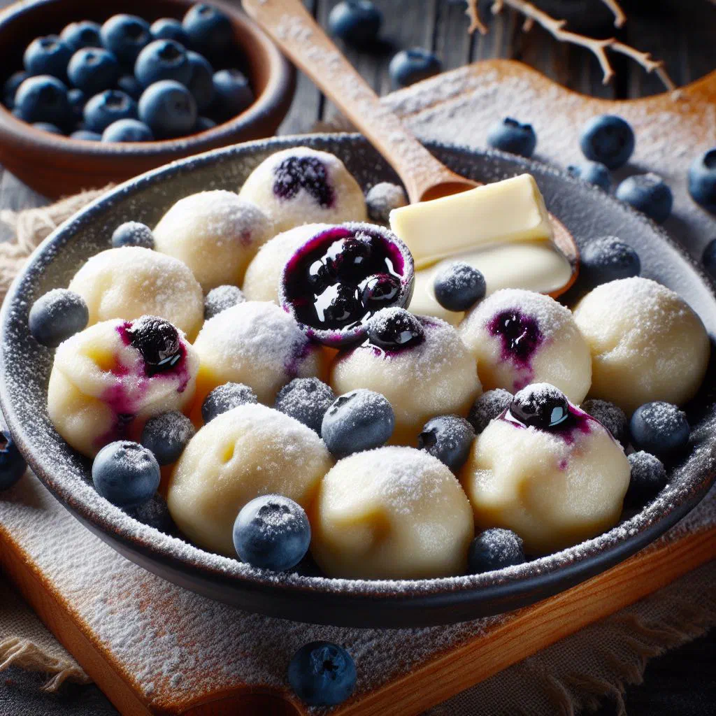 Czech blueberry dumplings dusted with sugar and cinnamon, topped with melted butter