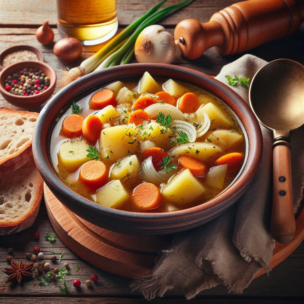 A rustic bowl of Czech bramboračka potato soup garnished with fresh parsley