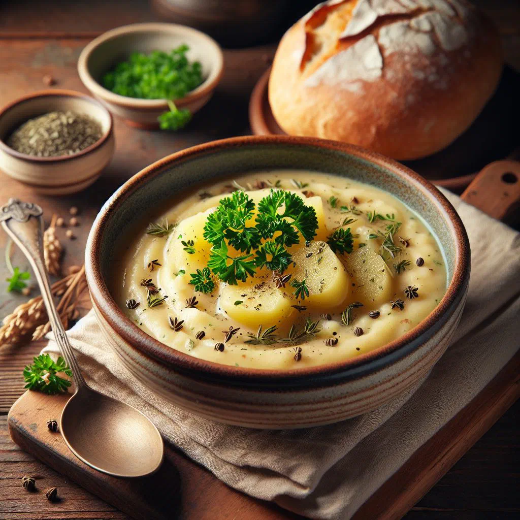 Bowl of creamy Czech potato soup garnished with fresh herbs