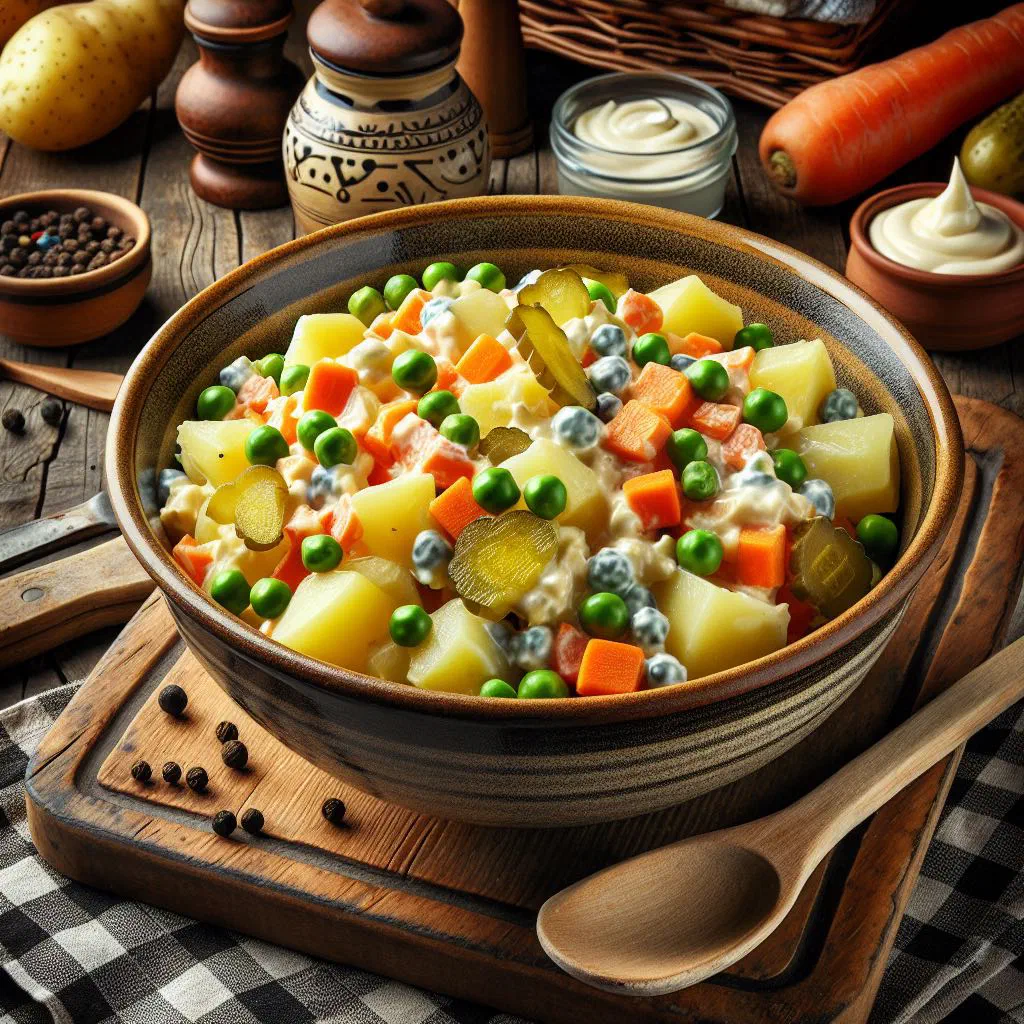 Creamy Czech potato salad with carrots, peas and onion in a serving bowl