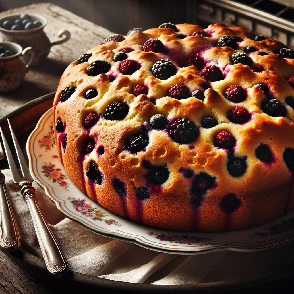 Slice of Czech bublanina sponge cake studded with cherries and dusted with icing sugar