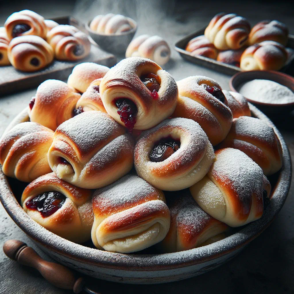 Golden Czech buchteln dusted with icing sugar and served with vanilla sauce