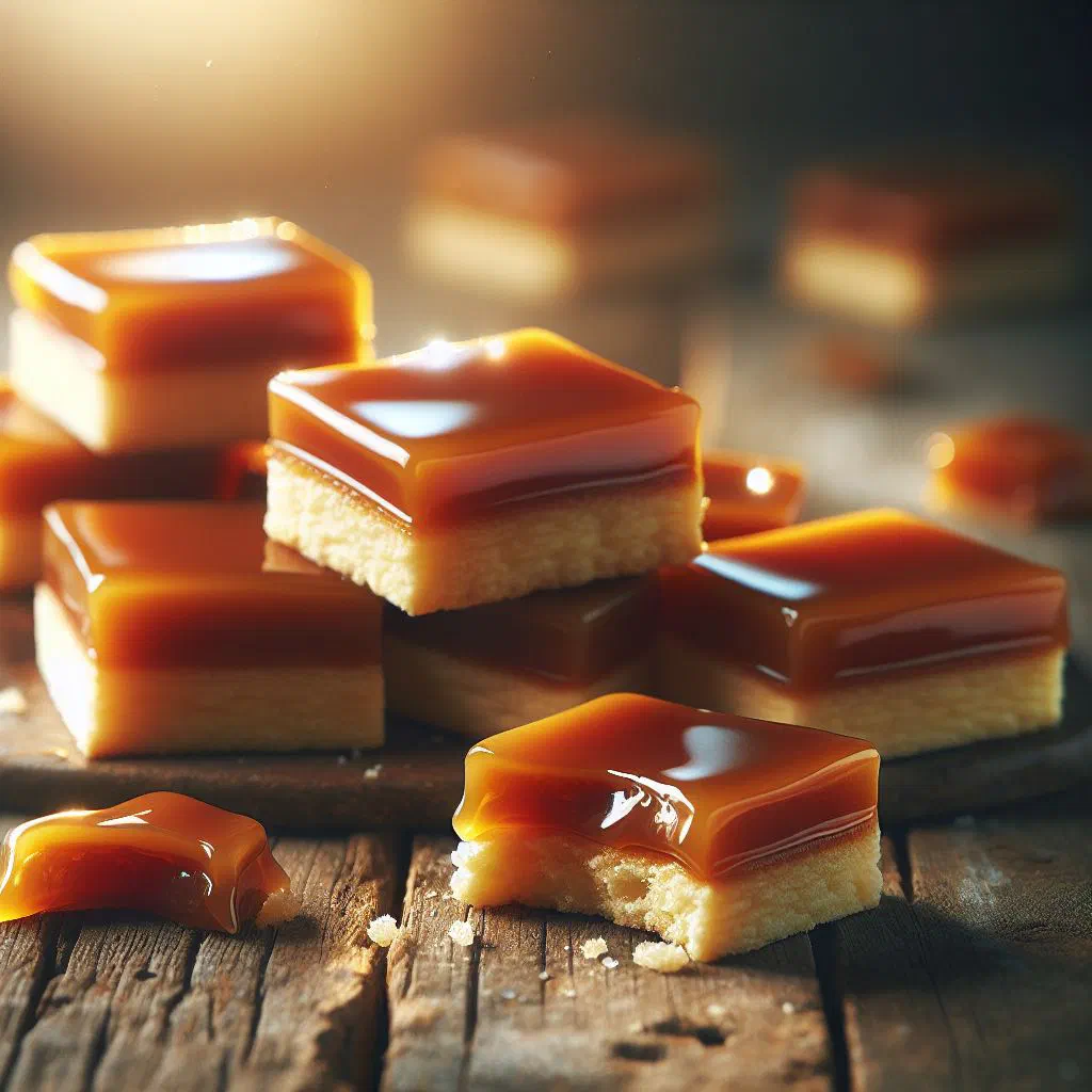 Czech caramel slices topped with whipped cream on a serving plate