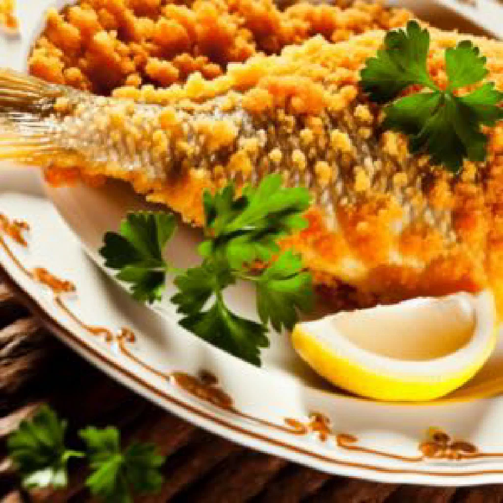 Golden breaded carp fillet with lemon slices on a plate