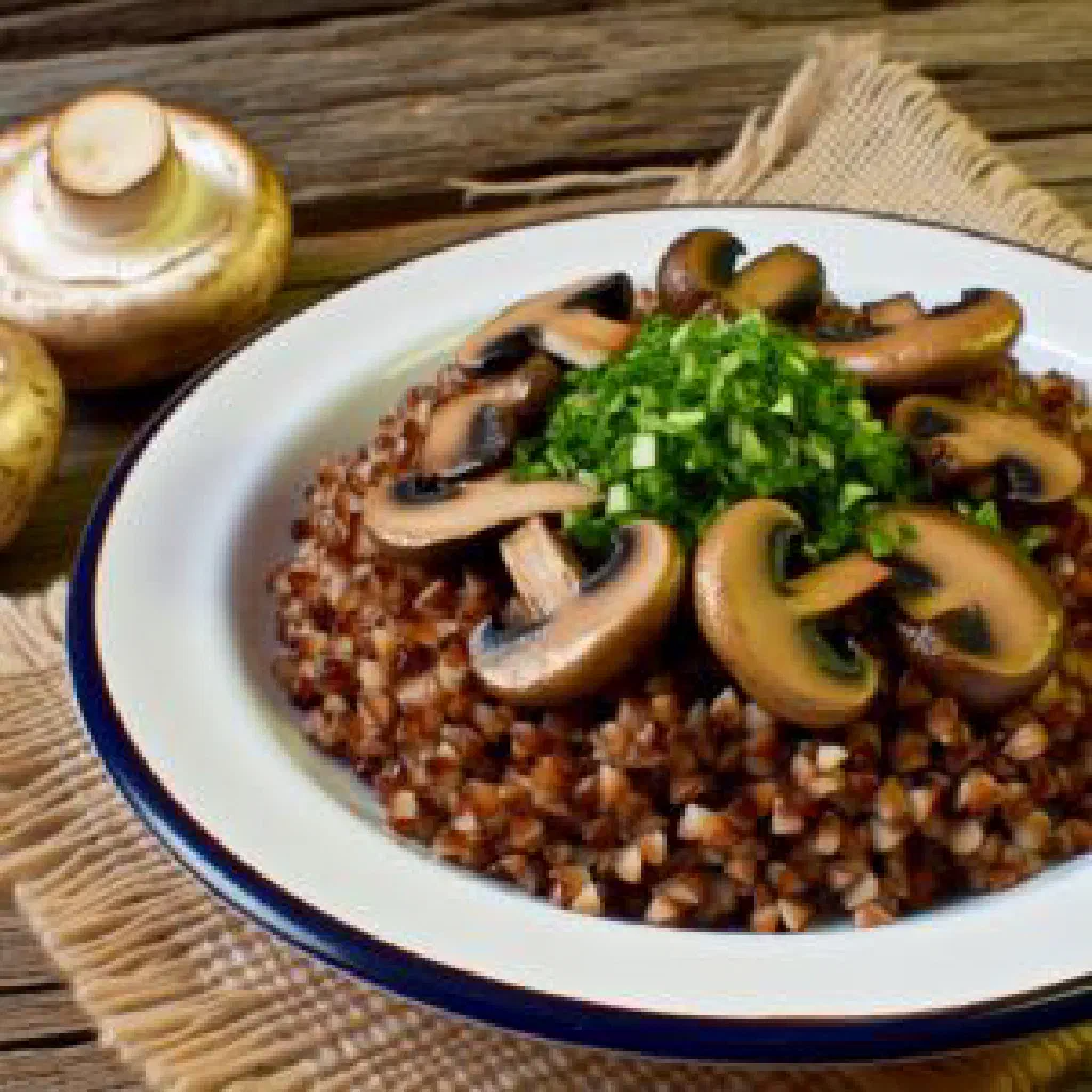 Bowl of Černý Kuba with rice, mushrooms and green beans, garnished with parsley
