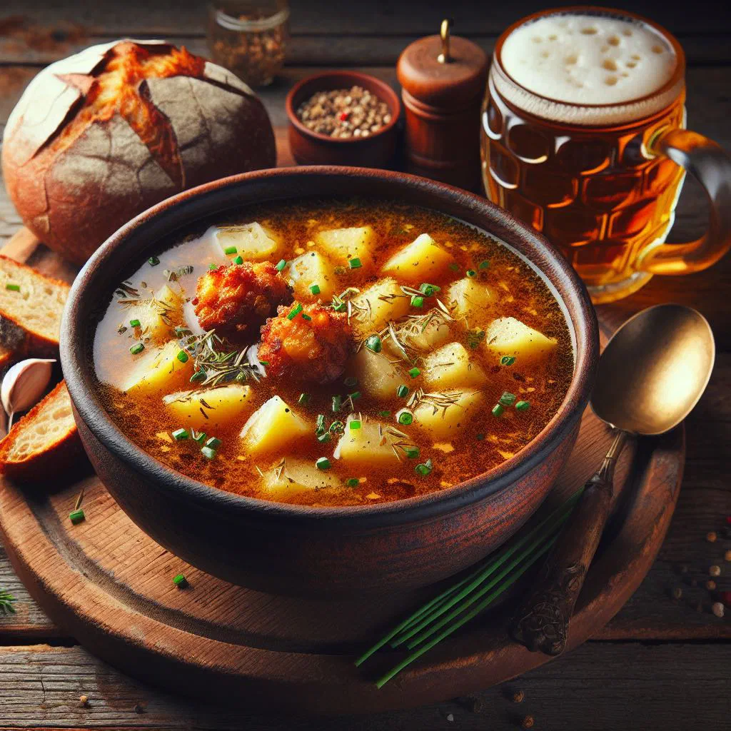 Bowl of Czech garlic soup Česnečka garnished with fresh herbs and croutons