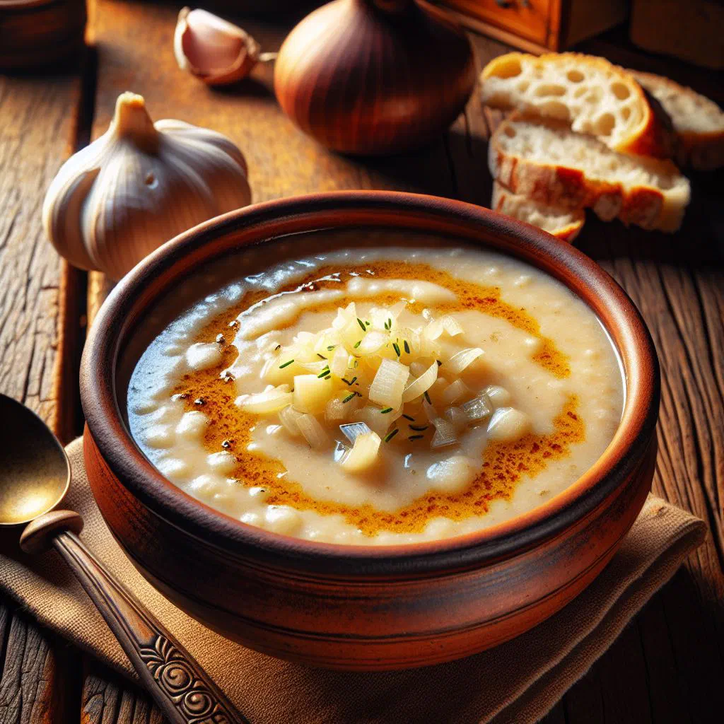 A bowl of Czech garlic soup with croutons and fresh herbs