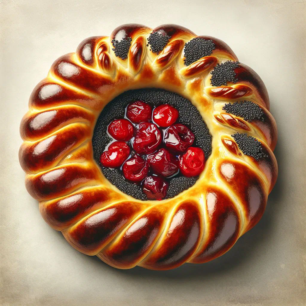 Round Chodské Koláče pastries topped with poppy seed and fruit filling