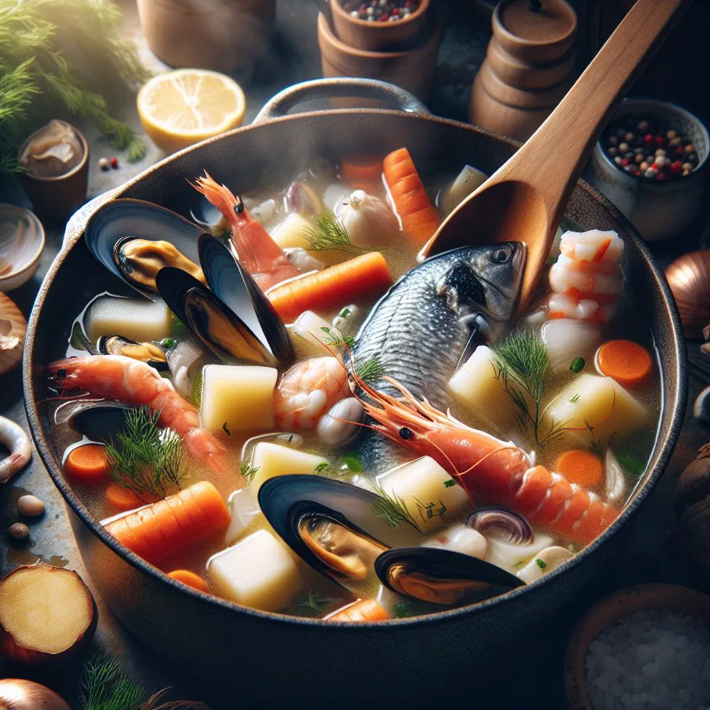 A steaming bowl of Czech fish soup with potatoes, carrots and fresh dill