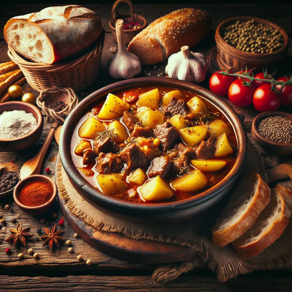 Bowl of rich Czech beef goulash garnished with fresh parsley