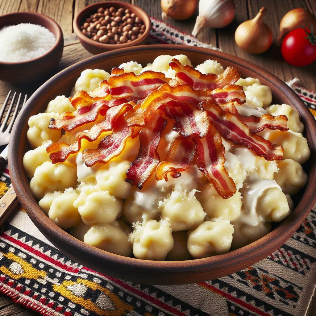 A bowl of Czech halušky topped with crumbled cheese and crispy bacon