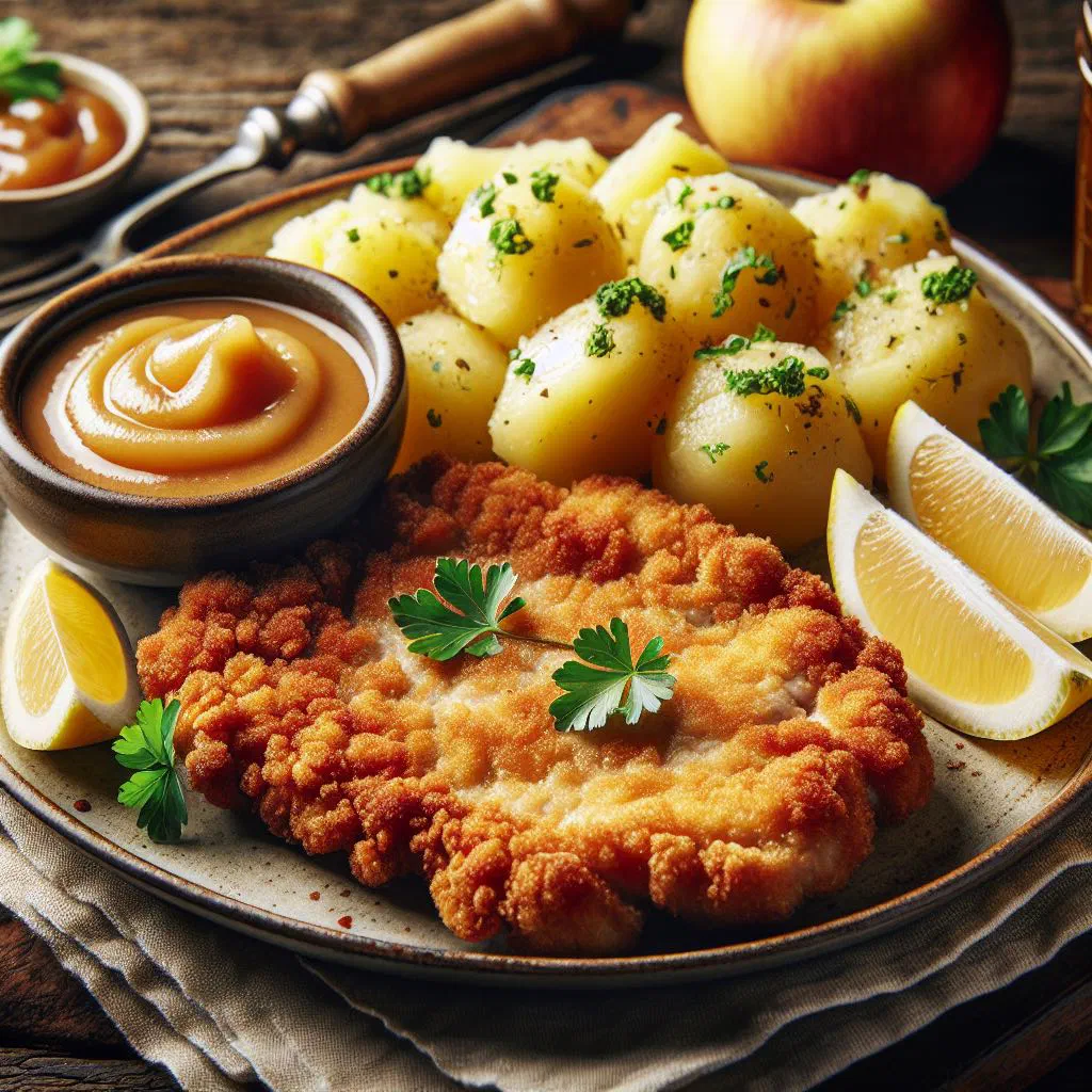Golden breaded Czech schnitzel topped with melted cheese and egg