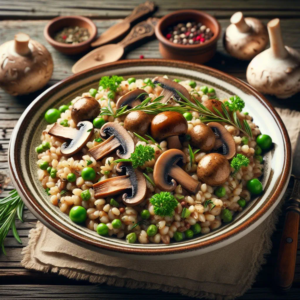 Bowl of Houbový Kuba with mushrooms and rice garnished with fresh herbs