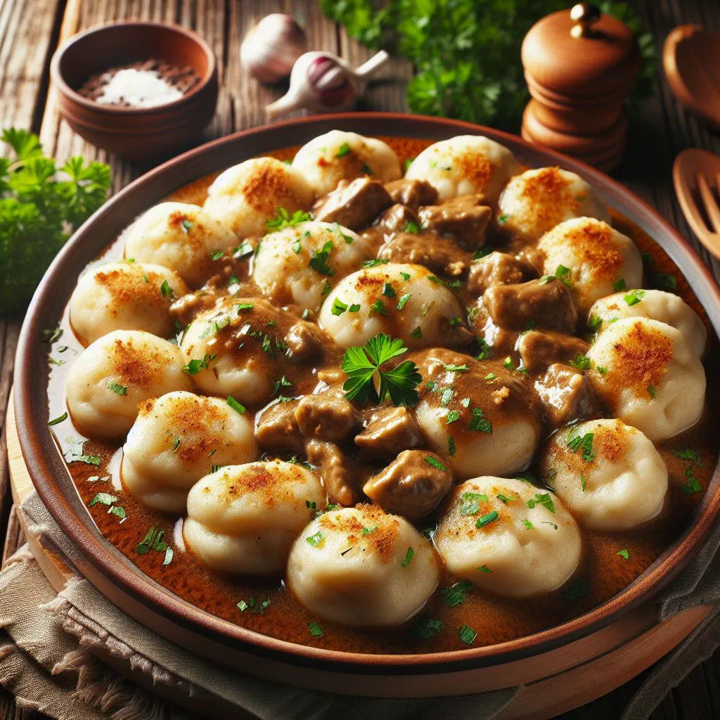 Sliced Czech bread dumplings on a plate ready to serve with sauce