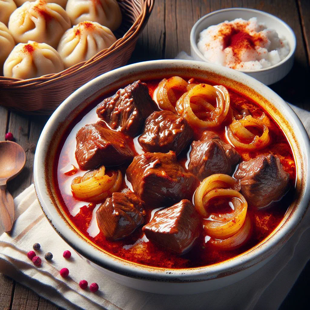 A bowl of Czech beef goulash with tender meat in a rich paprika sauce
