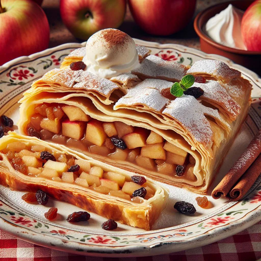 Sliced apple strudel dusted with icing sugar on a wooden board